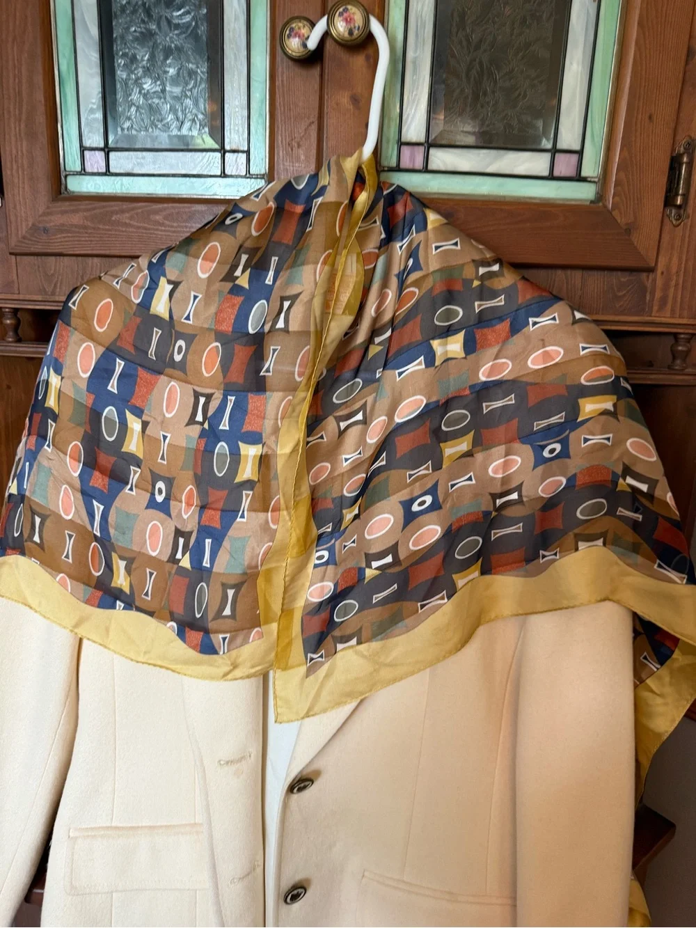 Kenneth Cole Multicolor Geometric Silk Scarf with Gold Border
